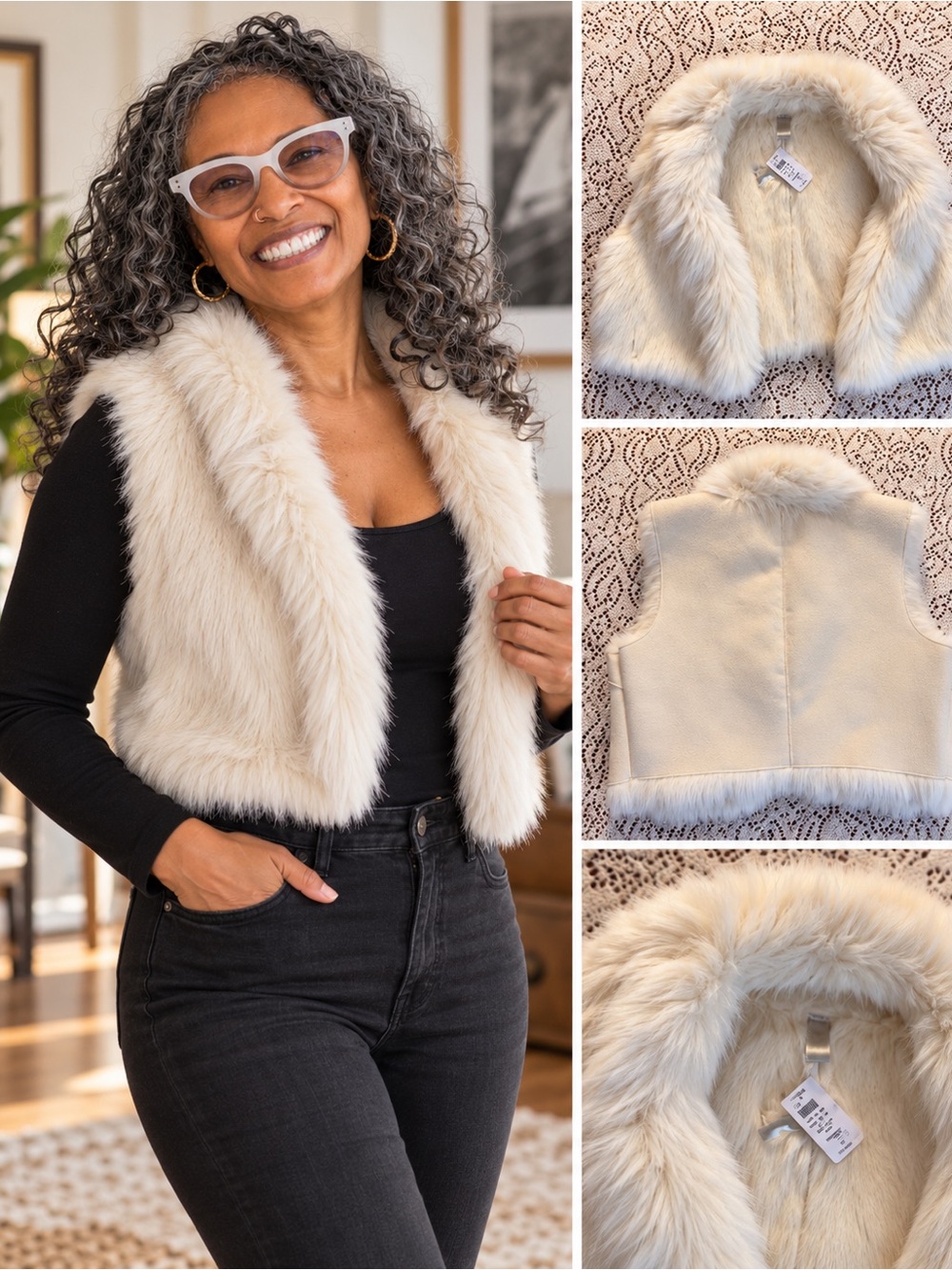 Cache Cream Faux-Fur Trim Cropped Vest